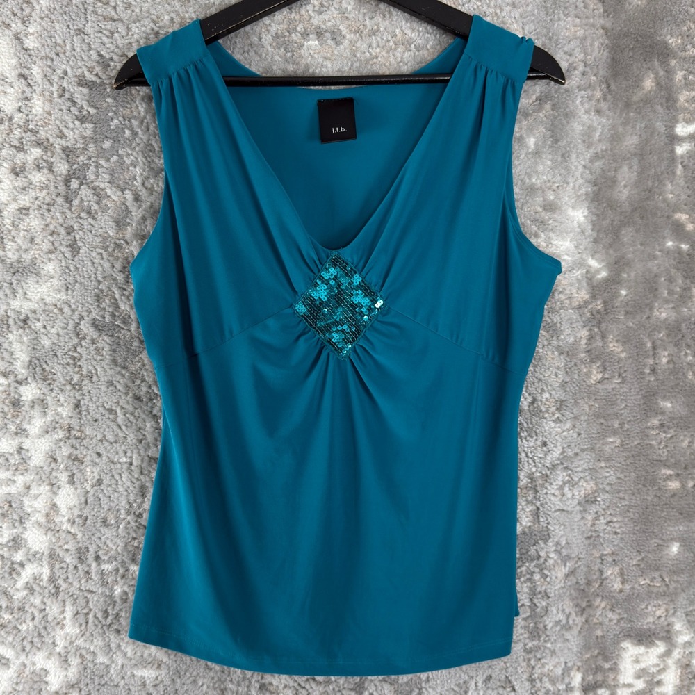 j.t.b. Size L Sequin Accent V-Neck Ruched Tank Top Teal Sleeveless Women